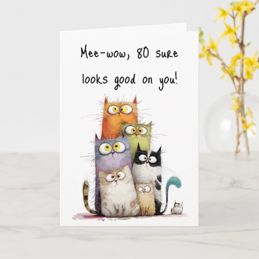 Whimsical Cats Big Eyes 80th Birthday Greeting Kaart (Gele Bloem)