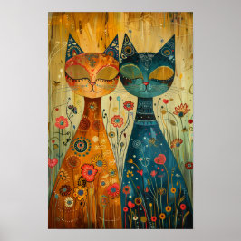 Whimsical Cats in Harmony: Kleurrijke volkskunst Poster