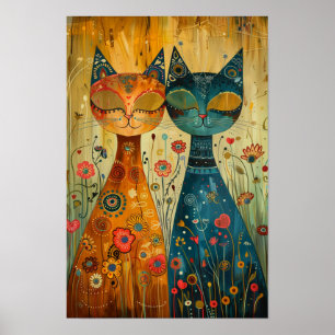 Whimsical Cats in Harmony: Kleurrijke volkskunst Poster