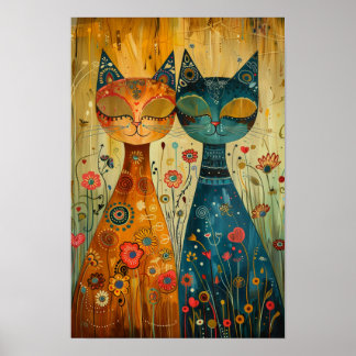 Whimsical Cats in Harmony: Kleurrijke volkskunst Poster