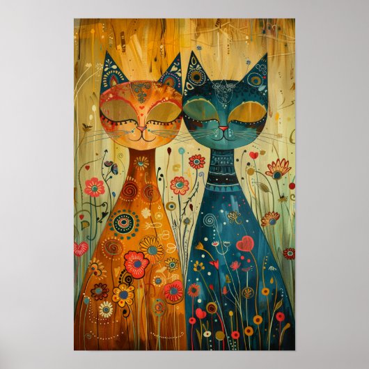 Whimsical Cats in Harmony: Kleurrijke volkskunst Poster (Voorkant)