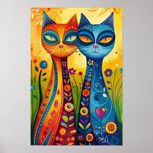 Whimsical Cats in Harmony: Kleurrijke volkskunst Poster (Voorkant)