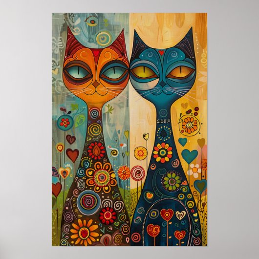 Whimsical Cats in Harmony: Kleurrijke volkskunst Poster (Voorkant)
