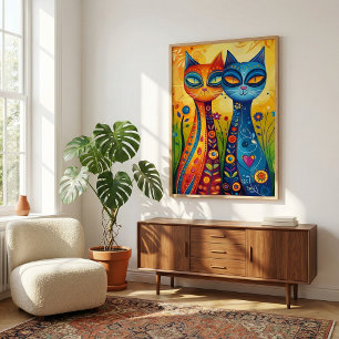 Whimsical Cats in Harmony: Kleurrijke volkskunst Poster