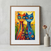 Whimsical Cats in Harmony: Kleurrijke volkskunst Poster