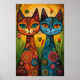 Whimsical Cats in Harmony: Kleurrijke volkskunst Poster