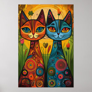 Whimsical Cats in Harmony: Kleurrijke volkskunst Poster