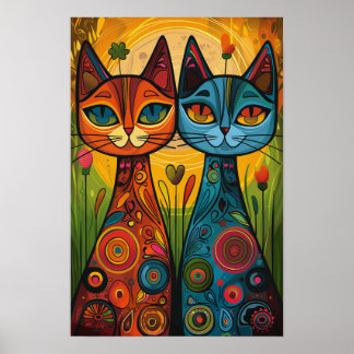 Whimsical Cats in Harmony: Kleurrijke volkskunst Poster