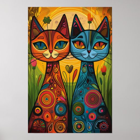 Whimsical Cats in Harmony: Kleurrijke volkskunst Poster (Voorkant)