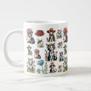 Whimsical Cats in Petten met Bloemen & Bijen Grote Koffiekop
