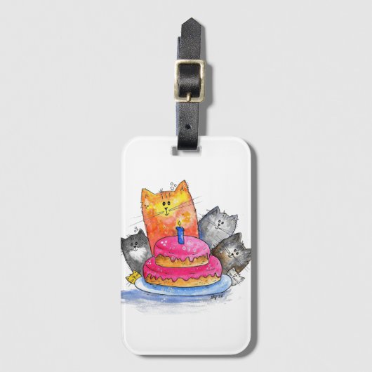 Whimsical Cats met Birthday Cake Bagagelabel (Voorkant (verticaal))