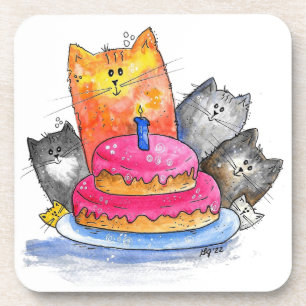 Whimsical Cats met Birthday Cake Bier Onderzetter