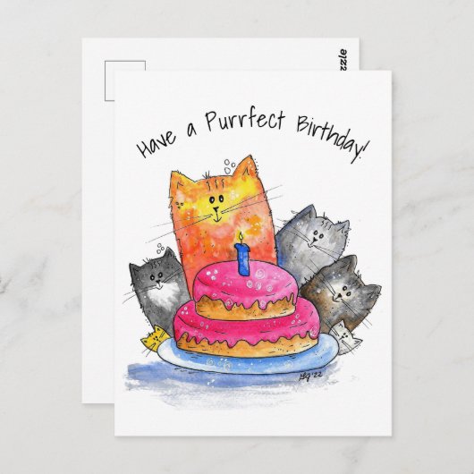 Whimsical Cats met Birthday Cake Briefkaart (Voorkant / Achterkant)