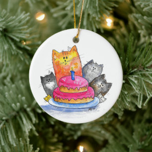Whimsical Cats met Birthday Cake Keramisch Ornament