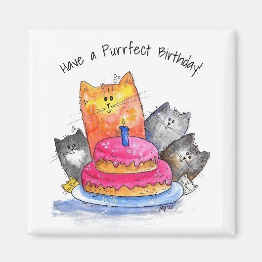 Whimsical Cats met Birthday Cake Magneet (Voorkant)