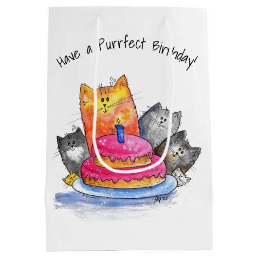 Whimsical Cats met Birthday Cake Medium Cadeauzakje (Achterkant)