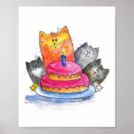 Whimsical Cats met Birthday Cake Poster