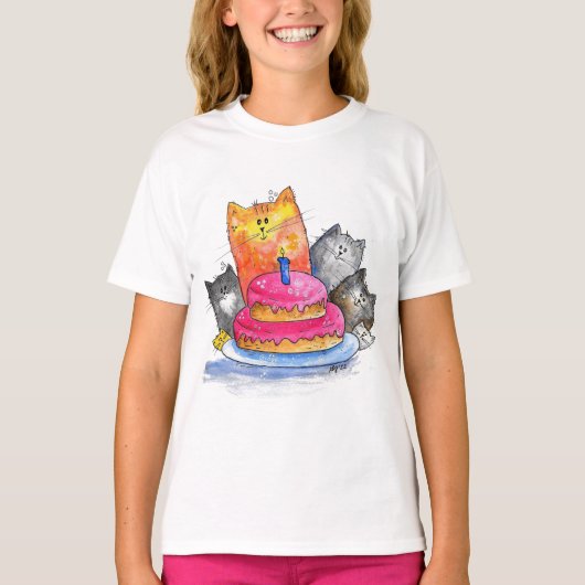 Whimsical Cats met Birthday Cake T-shirt (Voorkant)