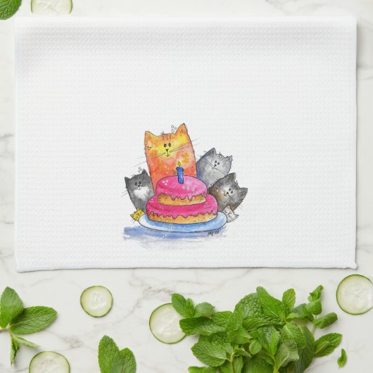 Whimsical Cats met Birthday Cake Theedoek (Gevouwen)