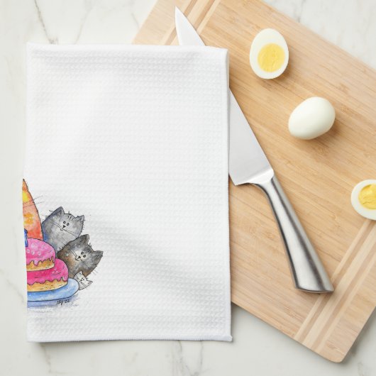 Whimsical Cats met Birthday Cake Theedoek (Quarter Fold)