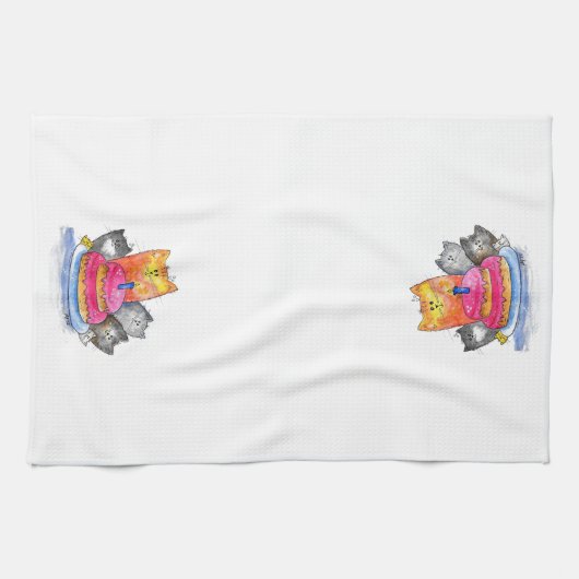 Whimsical Cats met Birthday Cake Theedoek (Horizontaal)