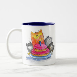 Whimsical Cats met Birthday Cake Tweekleurige Koffiemok