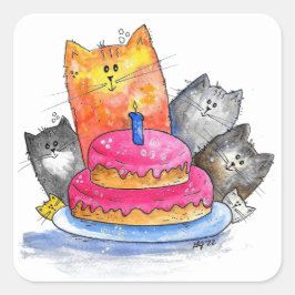 Whimsical Cats met Birthday Cake Vierkante Sticker