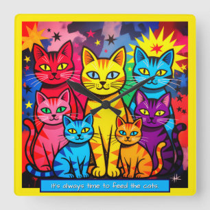 [Whimsical Cats] Moderne Pop Art Kleurrijk Vierkante Klok