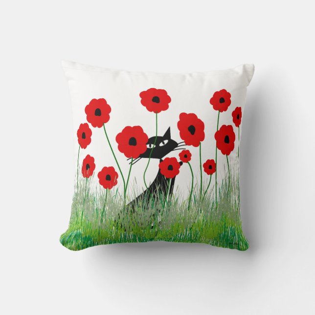 Whimsical Cats Pillow Black Cats and Poppies Kussen (Voorkant)