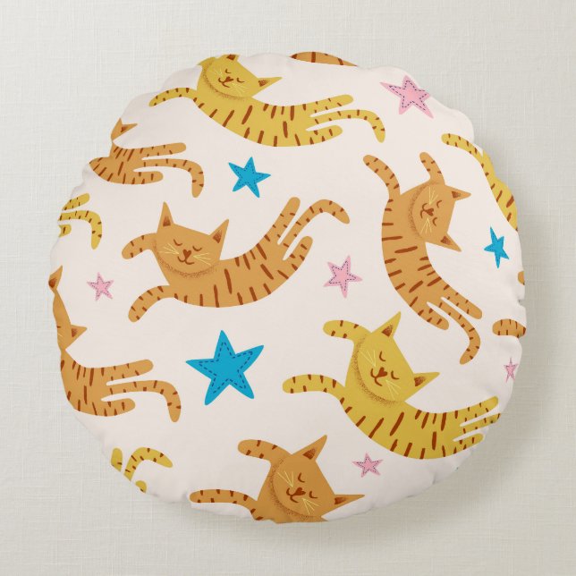 Whimsical Cats & Stars: Mode van Kinderen Rond Kussen (Voorkant)