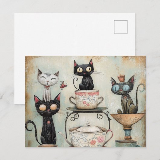 Whimsical Cats Tea Party Briefkaart (Voorkant / Achterkant)