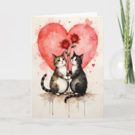 Whimsical Cats Valentine Hearts and Red Roses Kaart