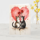 Whimsical Cats Valentine Hearts and Red Roses Kaart (Gele Bloem)