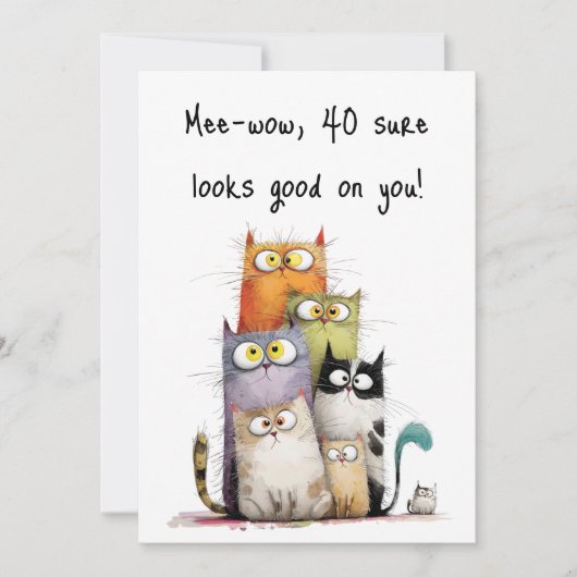 Whimsical Cats with Big Eyes 40th Birthday Flat Kaart (Voorkant)
