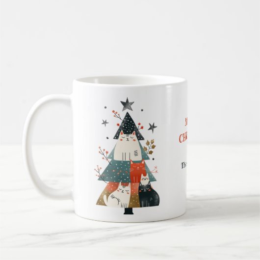 Whimsical Cats Xmas Tree Meowy Kerstmis met naam Koffiemok (Links)