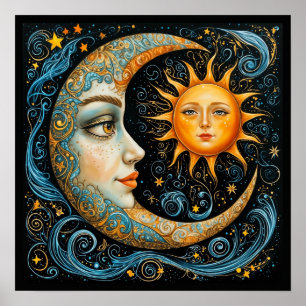 Whimsical Celestial Dream: Maan en Zon Kunst. Poster