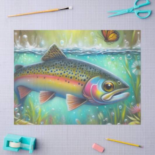 Whimsical Chalk-Pastel Trout Fish Decoupage  Tissuepapier (Craft)