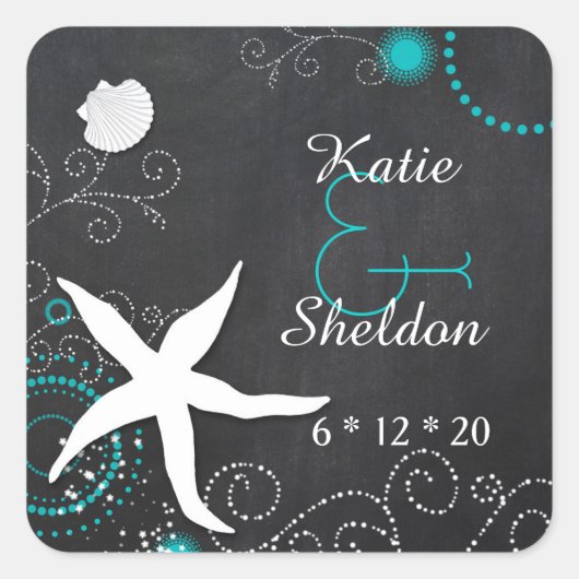 Whimsical Chalkboard Beach Wedding Vierkante Sticker (Voorkant)