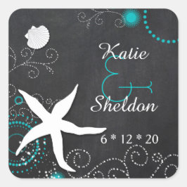 Whimsical Chalkboard Beach Wedding Vierkante Sticker