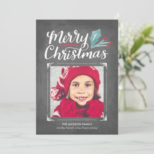 Whimsical Chalkboard Hand Lettered Kerstfoto Feestdagenkaart (Staand voorkant)