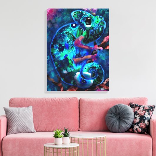 Whimsical Chameleon Abstracte Bloemen Blauwgroen G Canvas Afdruk (Insitu (Woonkamer))