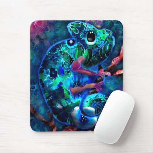 Whimsical Chameleon Abstracte Bloemen Blauwgroen G Muismat (Met muis)