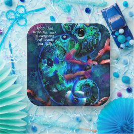 Whimsical Chameleon Blauw Blauwgroen Bloemen Abstr Papieren Bordje