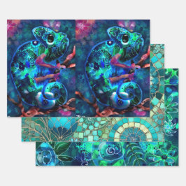 Whimsical Chameleon Bloemen Blauw Groen Decoupage Inpakpapier Vel