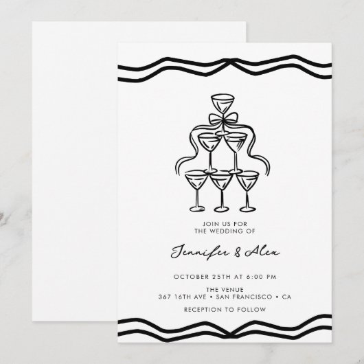 Whimsical Champagne Bow Wedding Kaart (Voorkant / Achterkant)