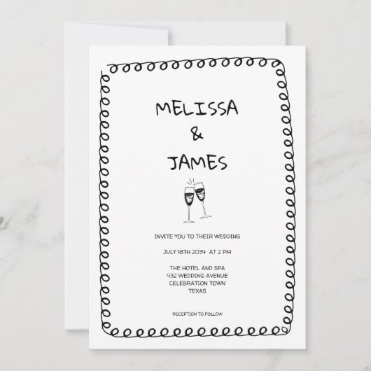 Whimsical Champagne Doodle Hand getrokken bruiloft Kaart (Voorkant)