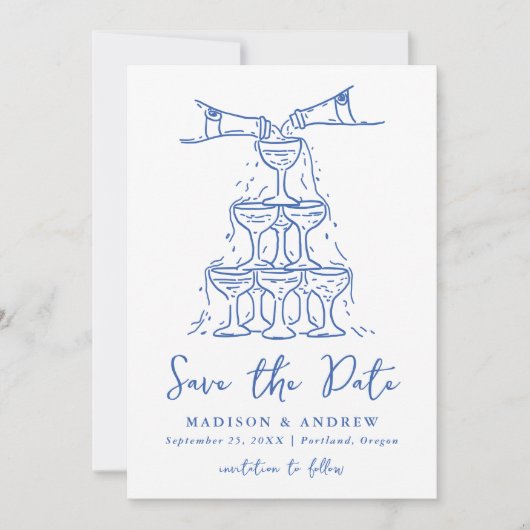 Whimsical Champagne Tower Blauw Bruiloft Save The Date (Voorkant)