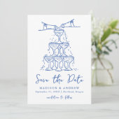 Whimsical Champagne Tower Blauw Bruiloft Save The Date (Staand voorkant)
