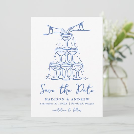 Whimsical Champagne Tower Blauw Bruiloft Save The Date (Staand voorkant)