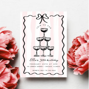 Whimsical Champagne Tower Bow Roze Streep Verjaard Kaart